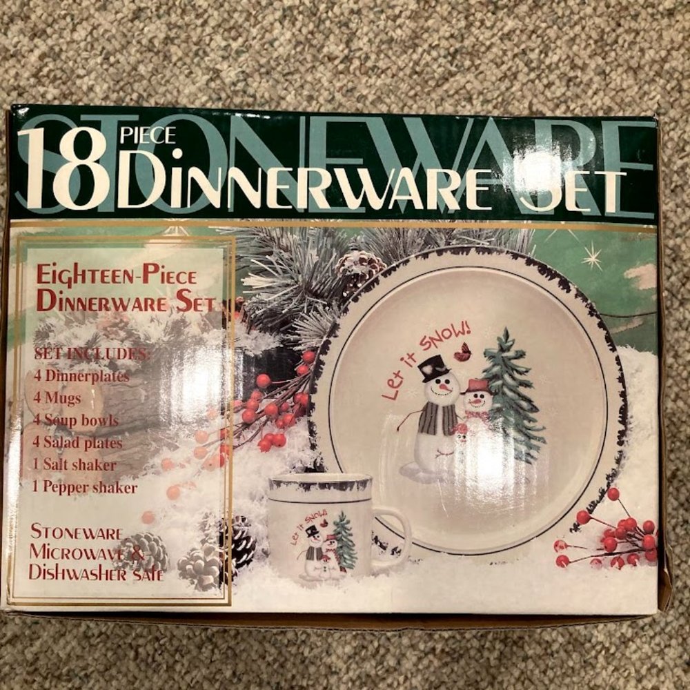 LET IT SNOW 18 Piece Christmas Snowman Dinnerware Set ATICO International- NIB